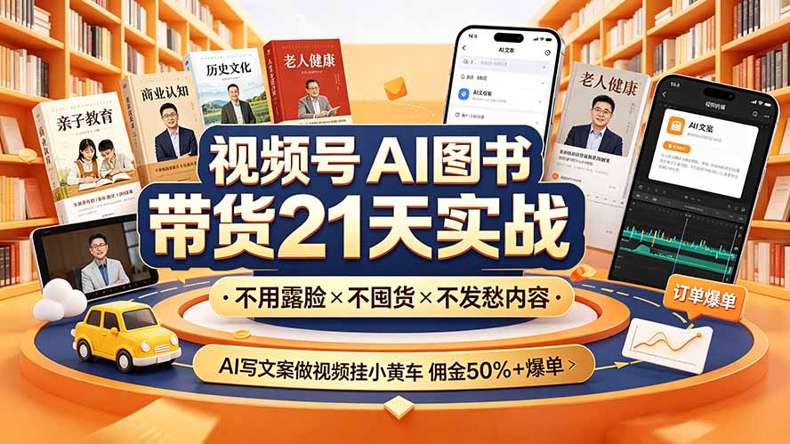视频号AI图书带货21天实战：不用露脸×不囤货×不发愁内容，AI写文案做视频挂小黄车，佣金50%+爆单-孔明聊项目
