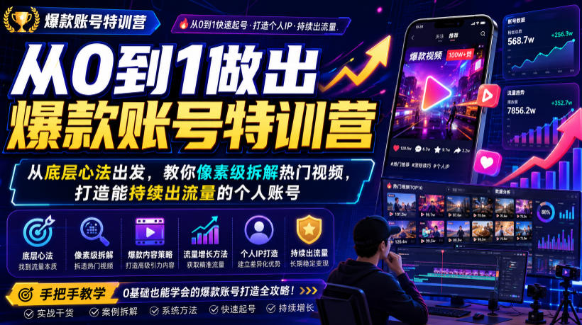 从0到1做出爆款账号特训营，从底层心法出发，教你像素级拆解热门视频，打造能持续出流量的个人账号-孔明聊项目