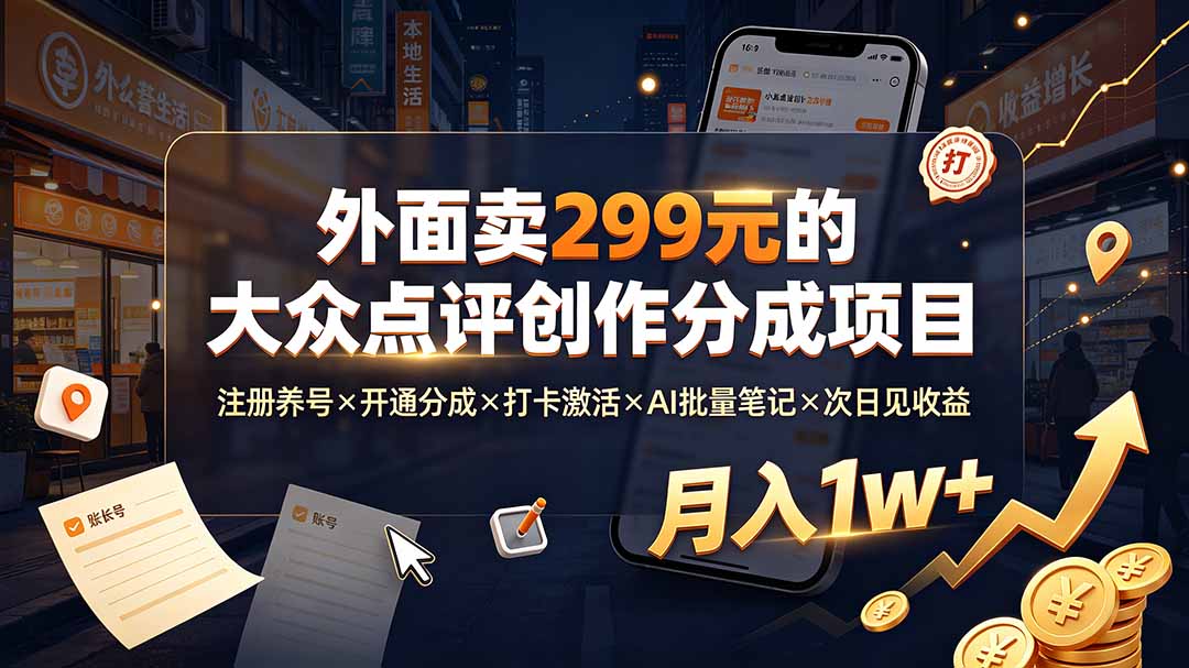 外面卖299元的大众点评创作分成项目：注册养号×开通分成×打卡激活×AI批量笔记×次日见收益，月入1w+-孔明聊项目