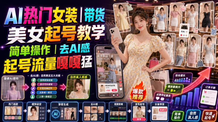 AI热门女装带货丨美女起号教学，简单操作，去AI感，起号流量嘎嘎猛-孔明聊项目