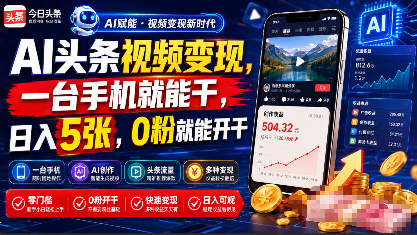 AI头条视频变现，一台手机就能干，日入5张，0粉就能开干-孔明聊项目