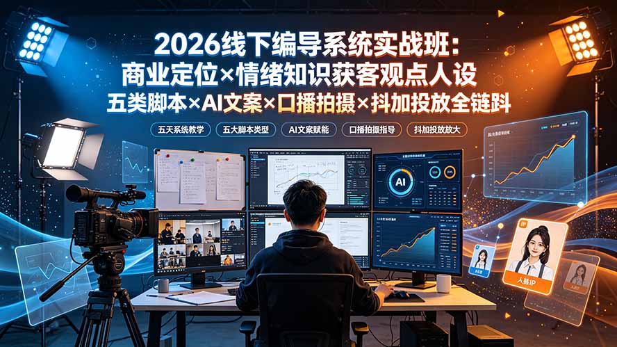 2026线下编导系统实战班:商业定位×情绪知识获客观点人设五类脚本×AI文案×口播拍摄×抖加投放全链路-孔明聊项目