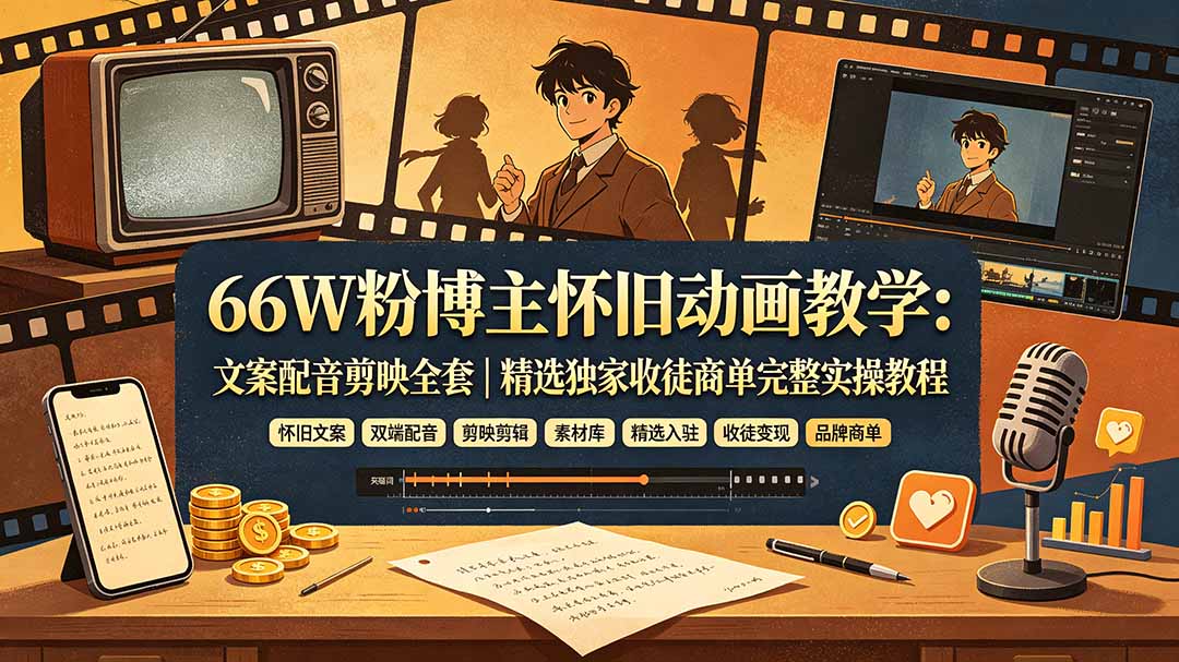 66W粉博主怀旧动画教学：文案配音剪映全套｜精选独家收徒商单完整实操教程-孔明聊项目