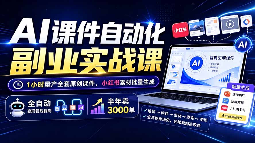 AI课件自动化副业实战课:1小时量产全套原创课件×小红书素材批量生成×全自动变现管线×半年卖3000单-孔明聊项目