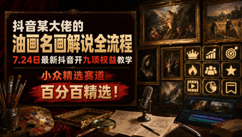 抖音某大佬的油画名画解说全流程，7.24日最新抖音开九项权益教学，小众精选赛道，百分百精选！-孔明聊项目