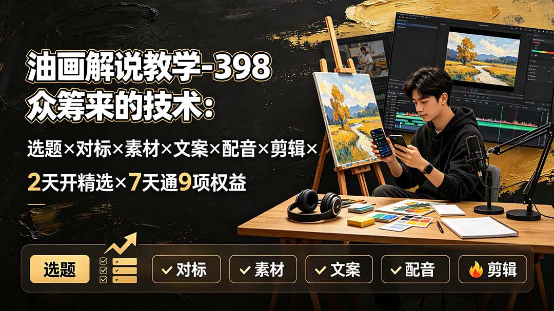 油画解说教学-398众筹来的技术：选题×对标×素材×文案×配音×剪辑×2天开精选×7天通9项权益-孔明聊项目
