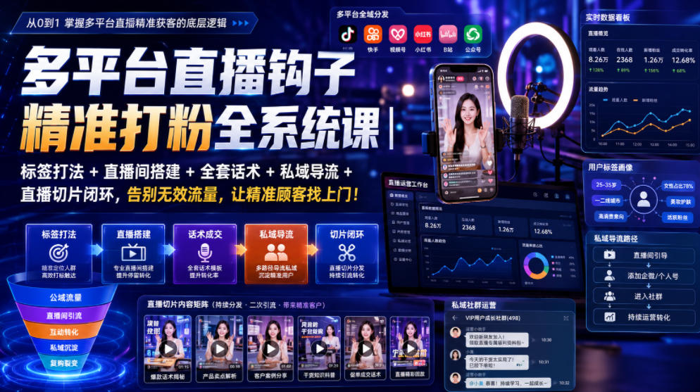 多平台直播钩子精准打粉全系统课｜标签打法+直播间搭建+全套话术+私域导流+直播切片闭环，告别无效流量，让精准顾客找上门！-孔明聊项目