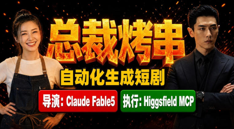 Claude Fable5担任导演+Higgsfield MCP落地执行｜《总裁烤串》真人质感短剧全自动AI生成全流程教学-孔明聊项目