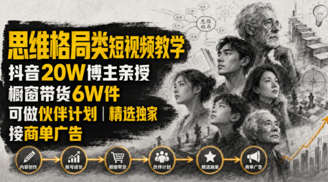 人性思维格局类短视频教学，抖音20W博主亲授，橱窗带货6W件，可做伙伴计划、精选独家、接商单广告-孔明聊项目