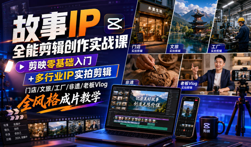 故事IP全能剪辑创作实战课｜剪映零基础入门+多行业IP实拍剪辑，门店/文旅/工厂/非遗/老板Vlog全风格成片教学-孔明聊项目