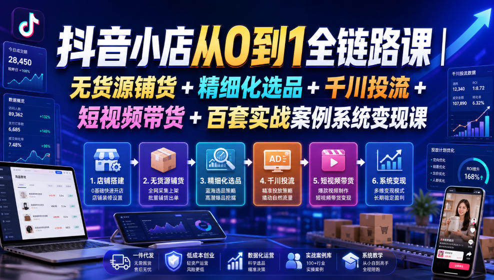 抖音小店从0到1全链路课｜无货源铺货+精细化选品+千川投流+短视频带货+百套实战案例系统变现课(2026年7月更新)-孔明聊项目