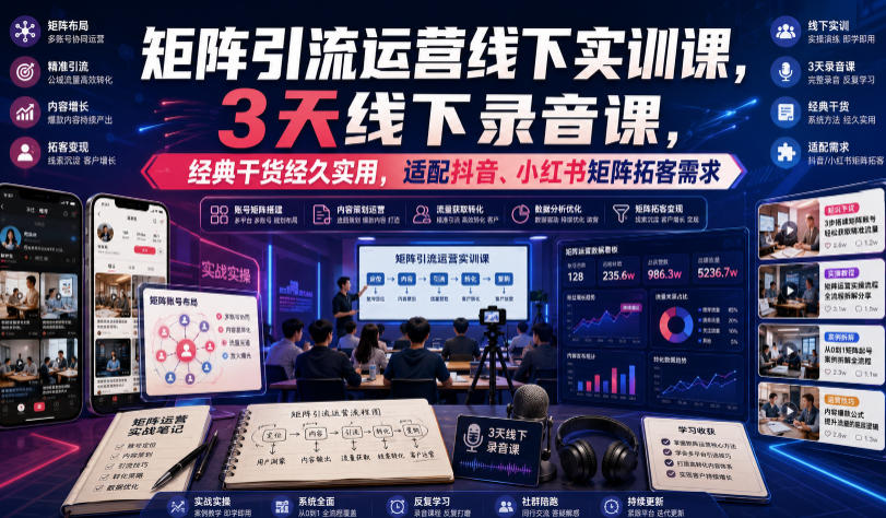 嗨推矩阵引流运营线下实训课，3天线下录音课，经典干货经久实用，适配抖音、小红书矩阵拓客需求-孔明聊项目