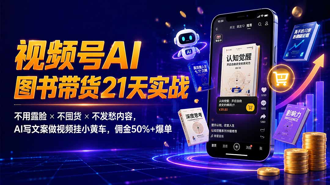 繁花视频号AI图书带货21天实战：不用露脸×不囤货×不发愁内容，AI写文案做视频挂小黄车，佣金50%+爆单-孔明聊项目