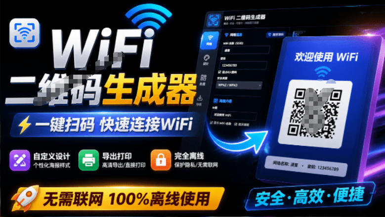 完全离线使用！WiFi二维码生成器，一键扫码快速连接WiFi，支持自定义风格导出WiFi二维码生成器-孔明聊项目