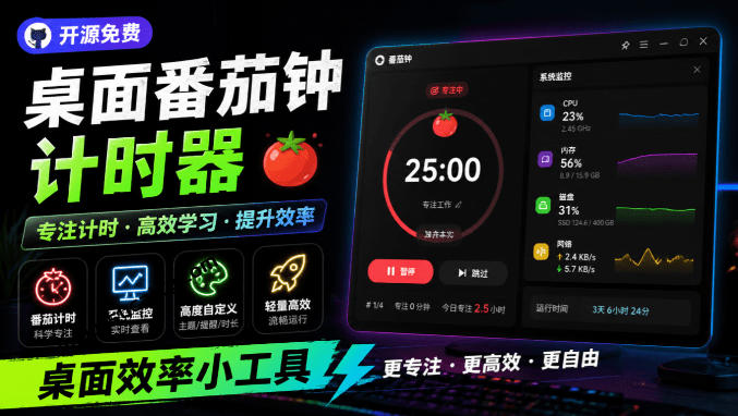仅1.16MB，开源极简的桌面时钟、番茄钟计时器，还支持系统监控显示，桌面效率小工具Catime-孔明聊项目