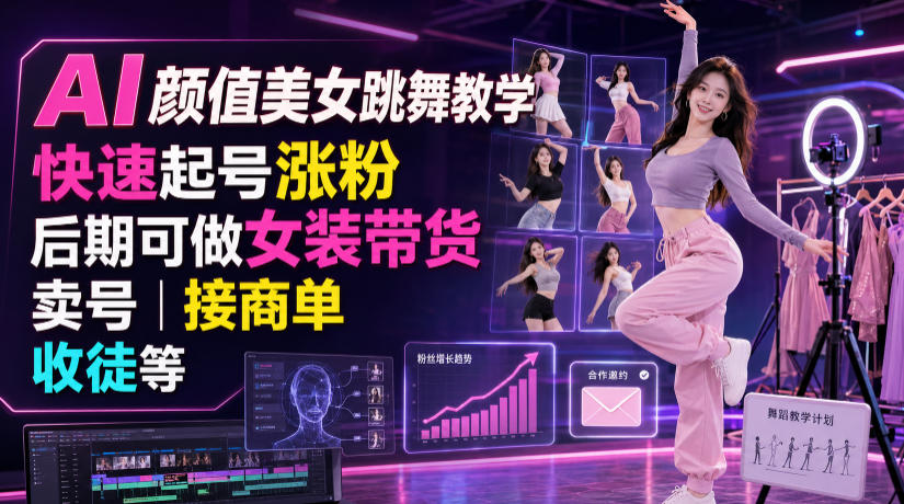 AI颜值美女跳舞教学，快速起号涨粉，后期可做女装带货，卖号，接商单，收徒等-孔明聊项目