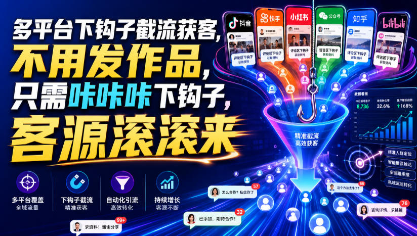 多平台下钩子截流获客，不用发作品，只需咔咔咔下钩子，客源滚滚来-孔明聊项目