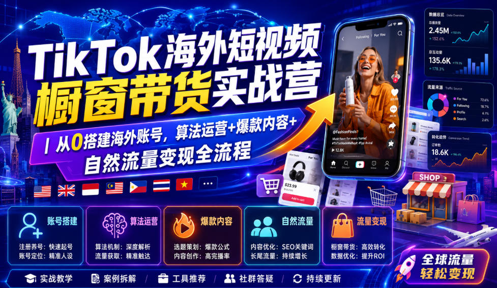 TikTok海外短视频橱窗带货实战营｜从0搭建海外账号，算法运营+爆款内容+自然流量变现全流程-孔明聊项目