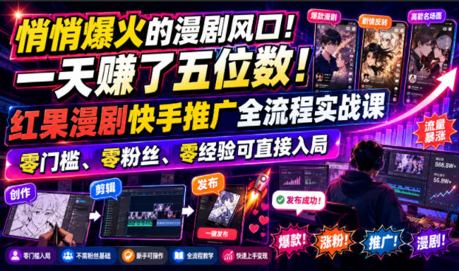 悄悄爆火的漫剧风口！一天賺了五位数！红果漫剧快手推广全流程实战课，零门槛、零粉丝、零经验可直接入局-孔明聊项目