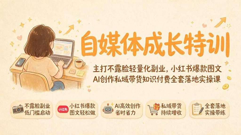自媒体成长特训｜主打不露脸轻量化副业，小红书爆款图文AI创作私域带货知识付费全套落地实操课-孔明聊项目