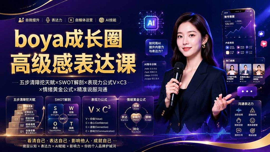 boya成长圈｜内心成长高级表达AI自媒体三合一，消解内耗挖掘天赋，镜头沟通AI指令短视频全流程教学-孔明聊项目