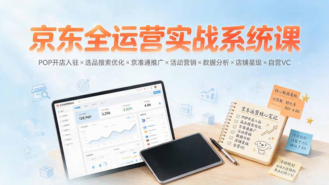 京东全运营实战系统课：POP开店入驻×选品搜索优化×京准通推广×活动营销×数据分析×店铺星级×自营VC-孔明聊项目