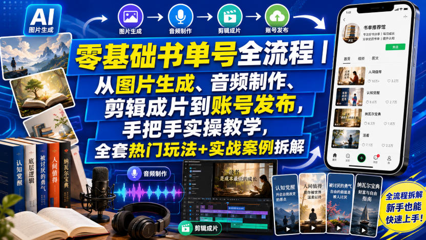 零基础书单号全流程｜从图片生成、音频制作、剪辑成片到账号发布，手把手实操教学，全套热门玩法+实战案例拆解-孔明聊项目