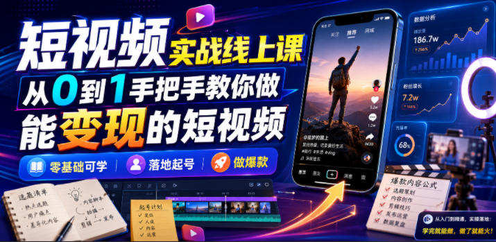 短视频实战线上课，从0到1手把手教你做能变现的短视频，零基础可学，落地起号做爆款-孔明聊项目
