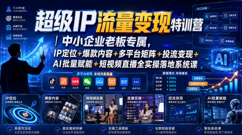 超级IP流量变现特训营｜中小企业老板专属，IP定位+爆款内容+多平台矩阵+投流变现+AI批量赋能+短视频直播全实操落地系统课-孔明聊项目