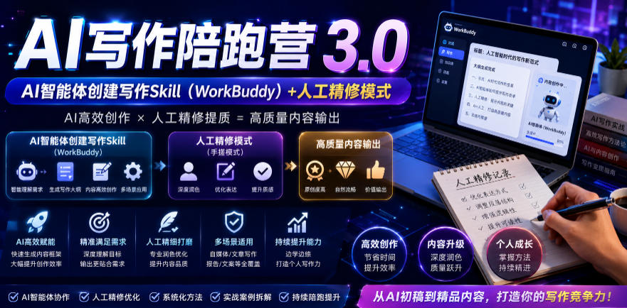 AI写作陪跑营3.0，Ai智能体创建写作skill(workbuddy)+人工手写模式(手搓模式)，去除AI痕迹(头条号、公众号、百家号)(更新0730)-孔明聊项目