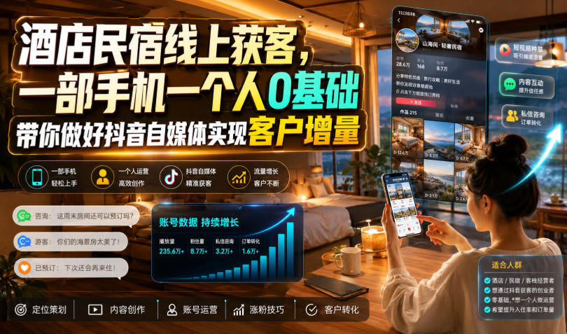酒店民宿线上获客，一部手机一个人0基础带你做好抖音自媒体实现客户增量-孔明聊项目