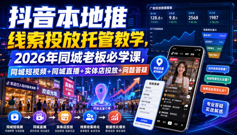 抖音本地推线索投放托管教学，2026年同城老板必学课，同城短视频+同城直播+实体店投放+问题答疑-孔明聊项目