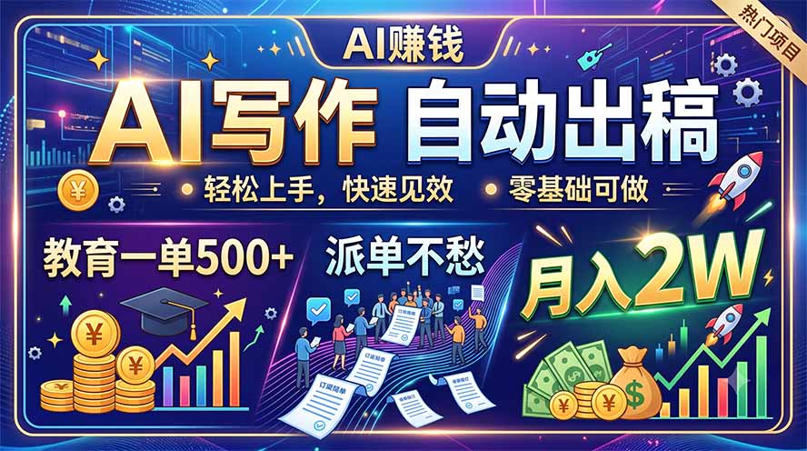 AI写作自动出稿，教育一单500+，派单不愁，月入2W-孔明聊项目