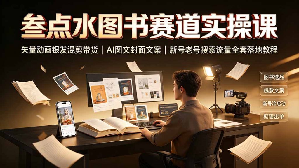 叁点水图书赛道实操课｜矢量动画银发混剪带货，AI图文封面文案，新号老号搜索流量全套落地教程-孔明聊项目
