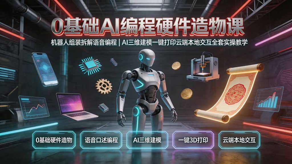 0基础AI编程硬件造物课｜机器人组装拆解语音编程，AI三维建模一键打印云端本地交互全套实操教学-孔明聊项目