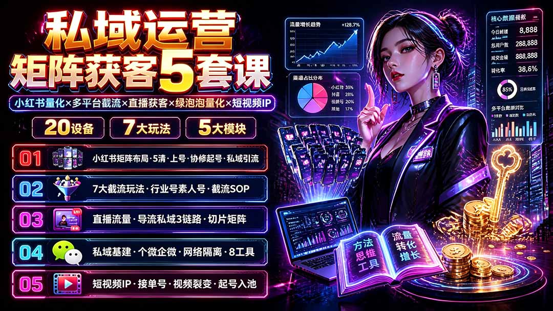 私域运营矩阵获客5套课：小红书量化×多平台截流×直播获客×绿泡泡量化×短视频IP×20设备×7大玩法-孔明聊项目