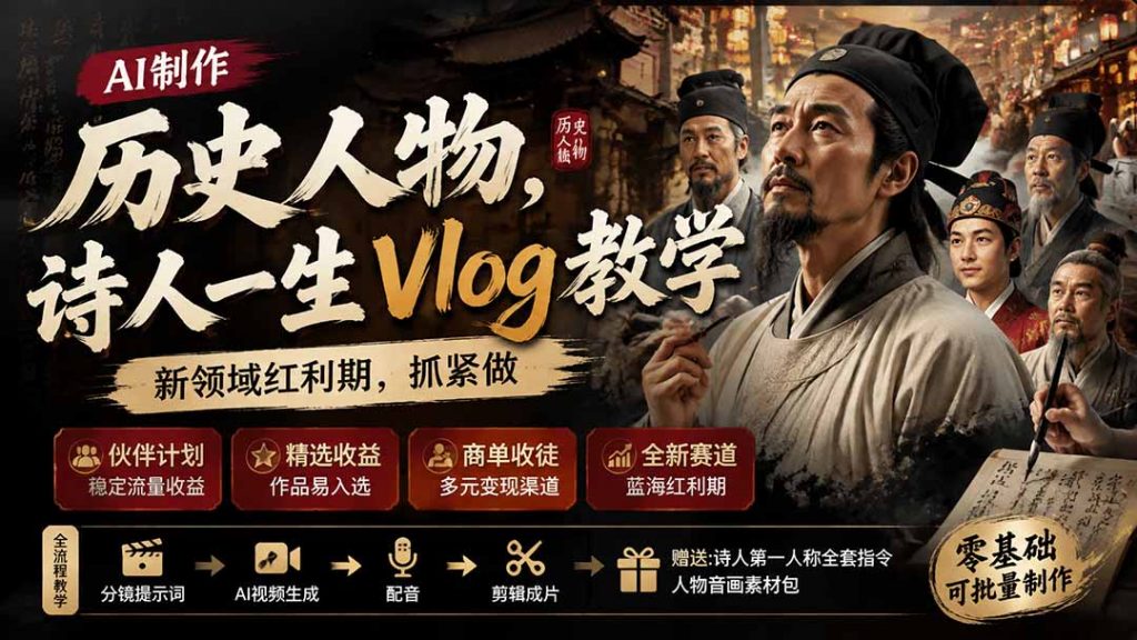 历史人物，诗人一生Vlog教学， AI制作丨伙伴计划丨精选收益丨商单收徒 ，新领域红利期，抓紧做-孔明聊项目