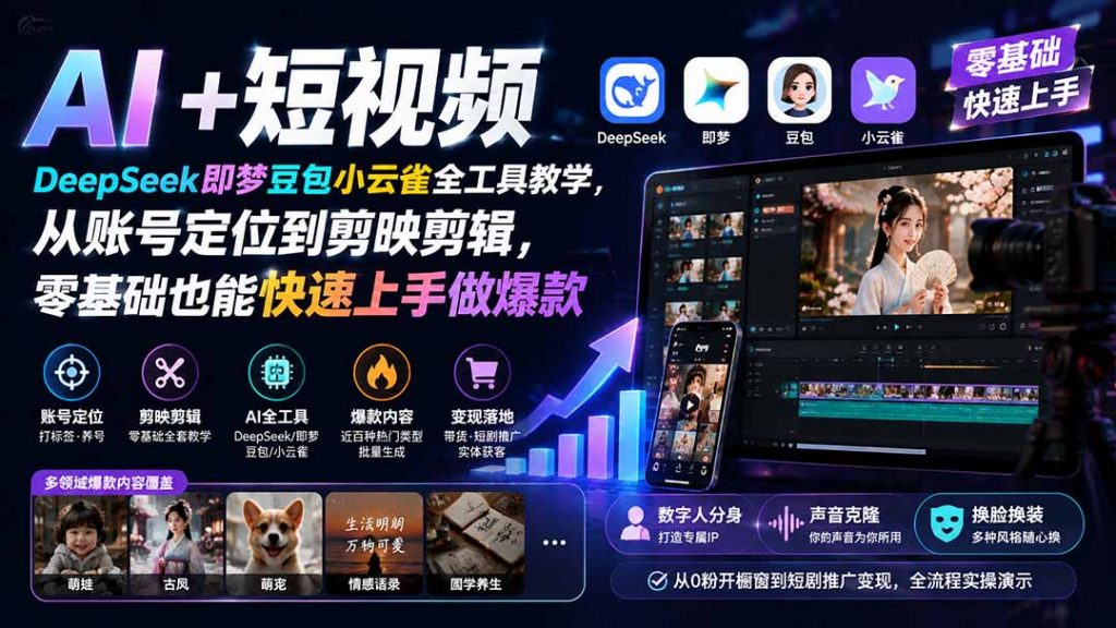 AI+短视频｜DeepSeek即梦豆包小云雀全工具教学，从账号定位到剪映剪辑，零基础也能快速上手做爆款-孔明聊项目