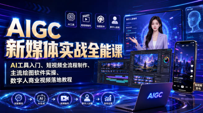 AIGC新媒体实战全能课｜AI工具入门、短视频全流程制作、主流绘图软件实操、数字人商业视频落地教程-孔明聊项目