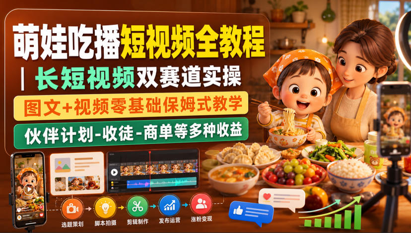 萌娃吃播短视频全教程｜长短视频双赛道实操，图文+视频零基础保姆式教学，伙伴计划-收徒-商单等多种变现方式-孔明聊项目