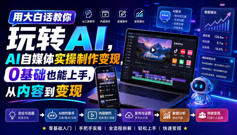 用大白话教你玩转AI，AI自媒体实操制作变现，0基础也能上手，从内容到变现-孔明聊项目