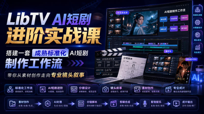 LibTV AI短剧进阶实战课，搭建一套成熟标准化AI短剧制作工作流，带你从素材创作走向专业镜头叙事-孔明聊项目