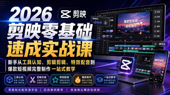 2026剪映零基础速成实战课｜新手从工具认知、剪辑剪辑、特效配音到爆款短视频完整制作一站式教学-孔明聊项目