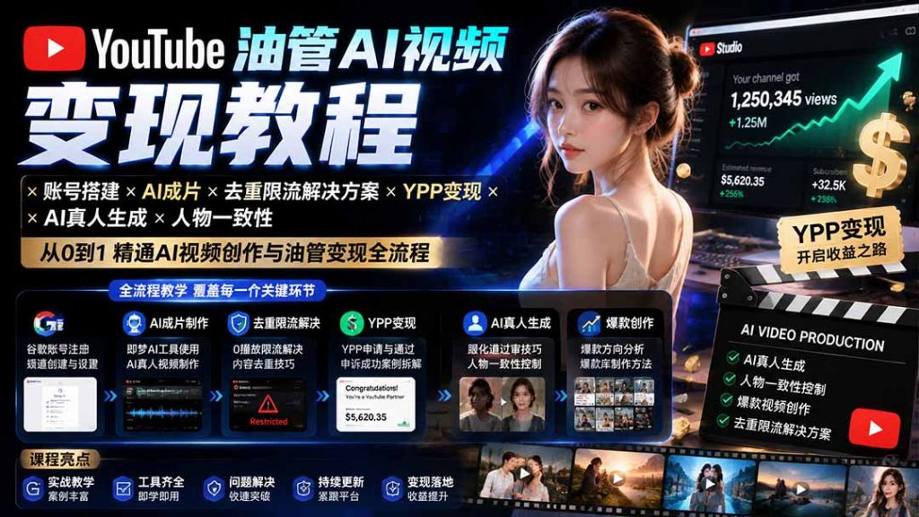 YouTube油管AI视频变现教程-更新：账号搭建×AI成片×去重限流解决方案×YPP变现×AI真人生成×人物一致性-孔明聊项目