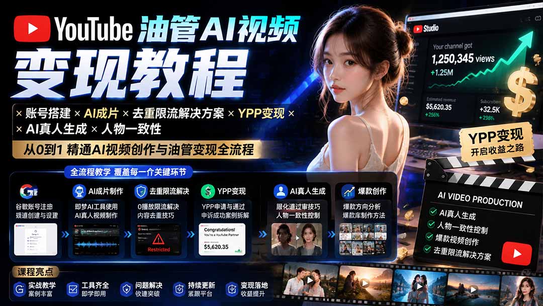 YouTube油管AI视频变现教程-更新：账号搭建×AI成片×去重限流解决方案×YPP变现×AI真人生成×人物一致性-孔明聊项目