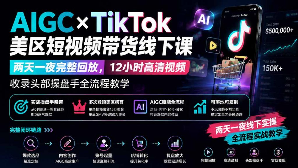 AIGC×TikTok美区短视频带货线下课；两天一夜完整回放，12小时高清视频收录头部操盘手全流程教学-孔明聊项目