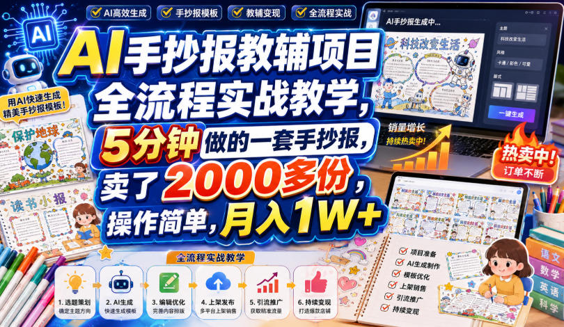 AI手抄报教辅项目全流程实战教学，5分钟做的一套手抄报，卖了2000多份，操作简单，月入1W+-孔明聊项目