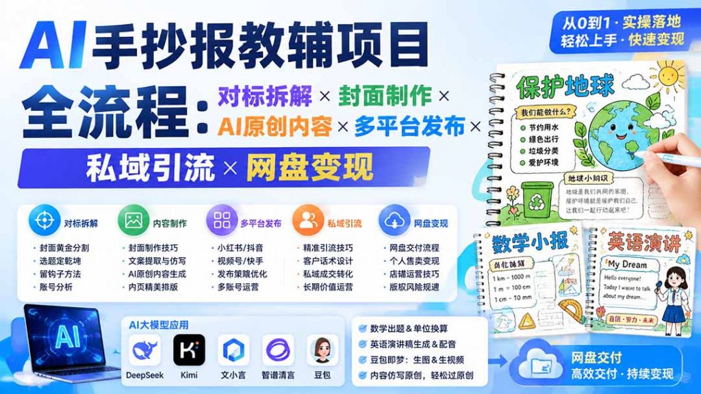 AI手抄报教辅项目全流程：对标拆解×封面制作×AI原创内容×多平台发布×私域引流×网盘变现-孔明聊项目