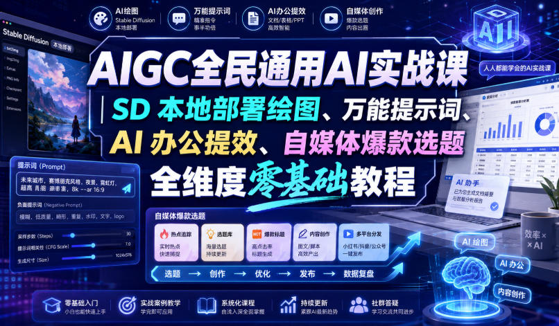 AIGC全民通用AI实战课｜SD本地部署绘图、万能提示词、AI办公提效、自媒体爆款选题全维度零基础教程-孔明聊项目