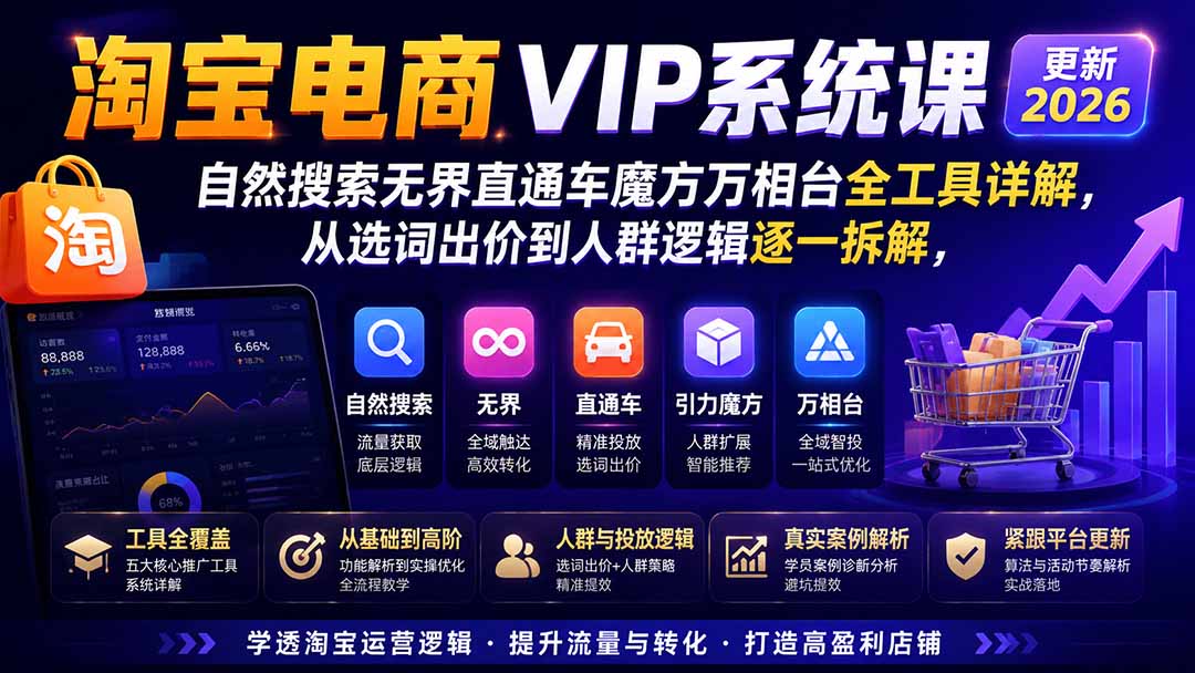 淘宝电商VIP系统课-更新8月；自然搜索无界直通车魔方万相台全工具详解，从选词出价到人群逻辑逐一拆解-孔明聊项目